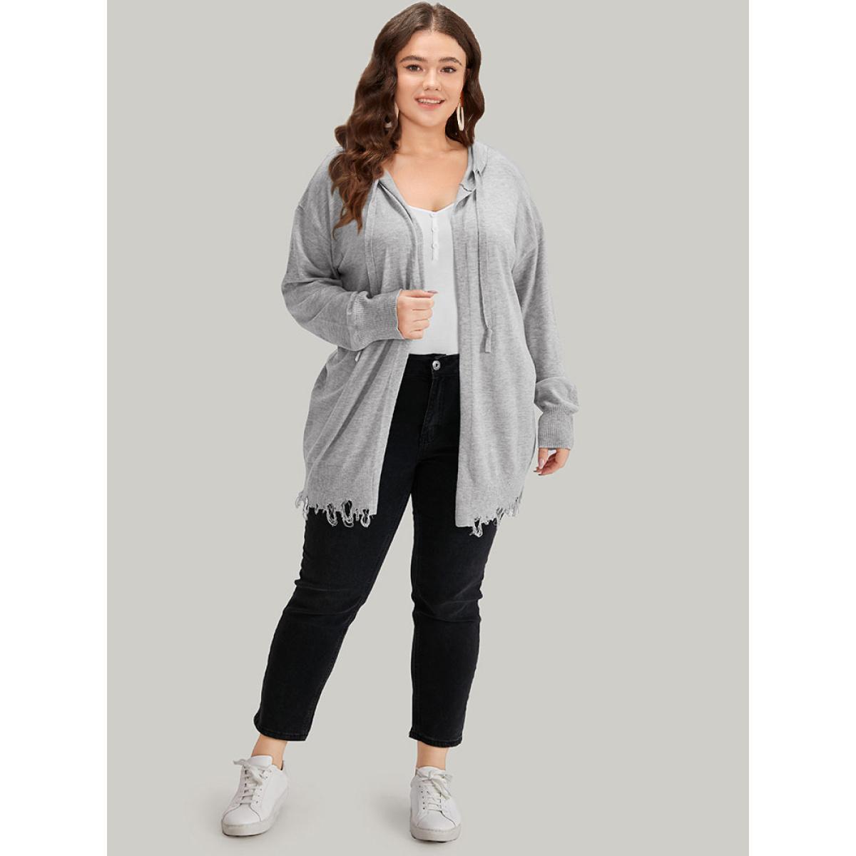 Plus Size Supersoft Essentials Solid Hooded Raw Hem Drawstring Cardigan LightGray Women Casual Loose Long Sleeve Dailywear Cardigans BloomChic 26/4X Product Image