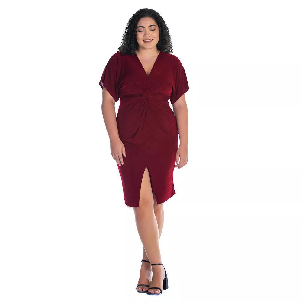 Plus Size 24Seven Comfort Apparel Short Sleeve V-Neck Twist Front Split-Hem Dress, Women's, Size: 2XL, Hunter Product Image