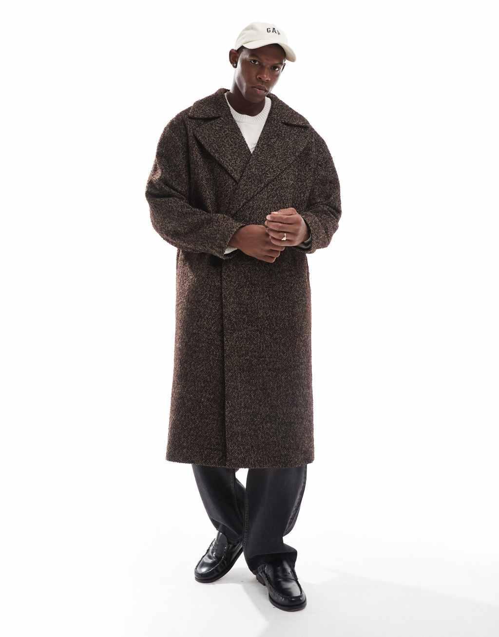 ASOS DESIGN oversized wool look overcoat in brown salt and pepper Product Image