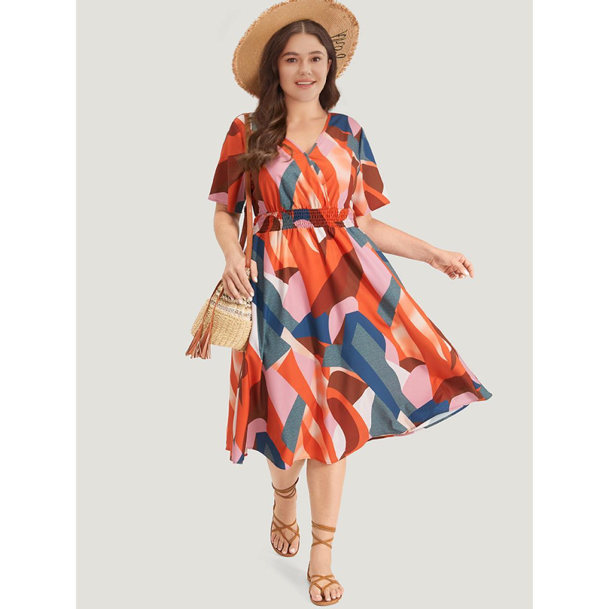 Plus Size Colour Geometric Contrast Shirred Ruffles Elastic Waist Dress Multicolor Women Vacation Elastic Waist V-neck Short sleeve Curvy Midi Dress BloomChic 18-20/2X Product Image