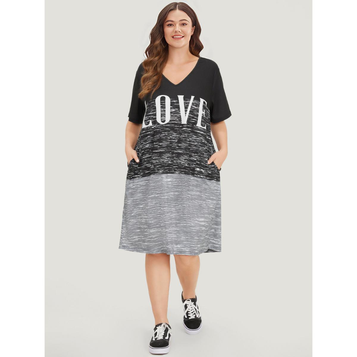Plus Size Letter Print Colorblock Contrast Pocket V Neck Dress Black Women Casual Plain Curvy Knee Dress BloomChic 22-24/3X Product Image