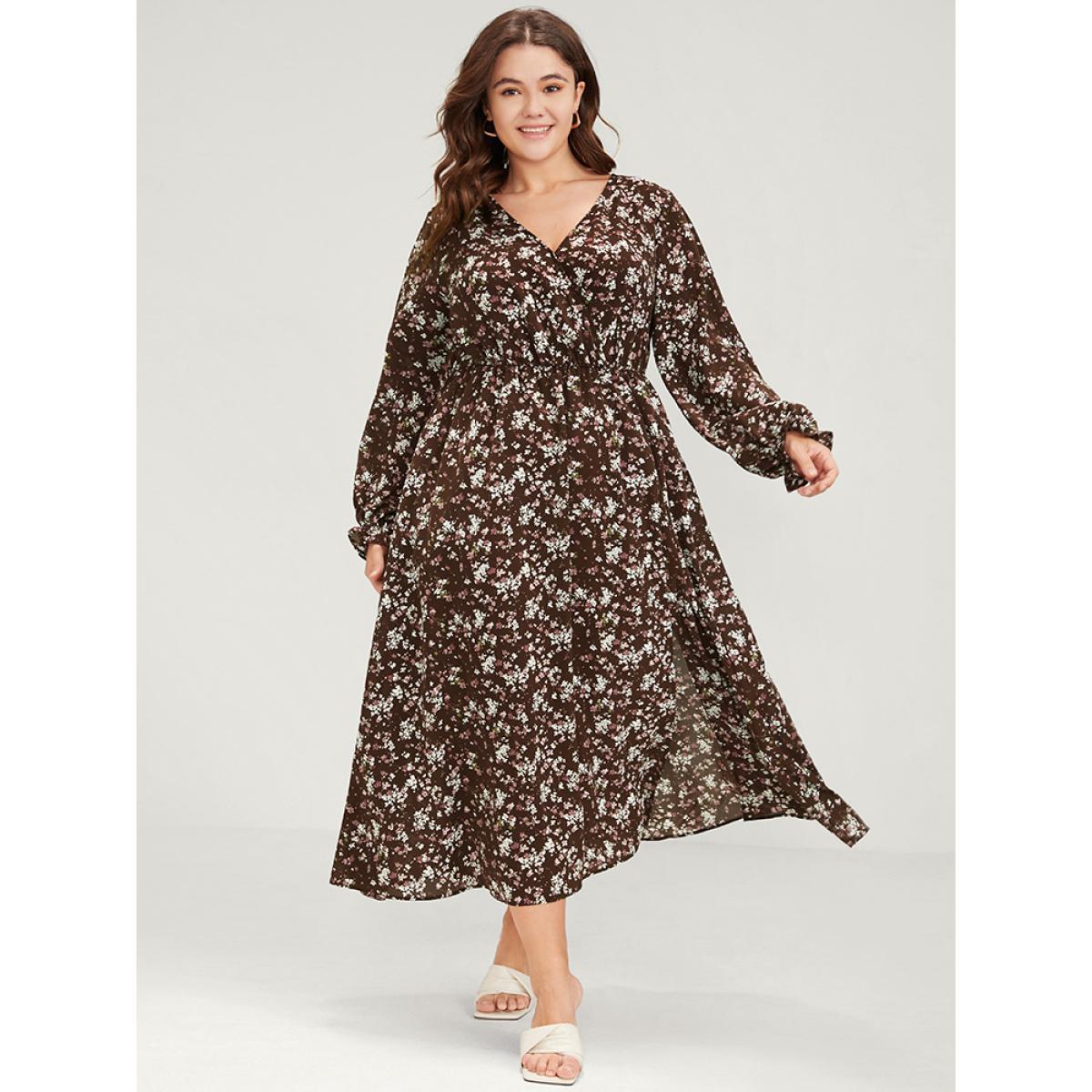 Plus Size Floral Split Pocket Lantern Sleeve Wrap Flutter Midi Dress DarkBrown Women Elegant Elastic Waist V-neck Long Sleeve Curvy Midi Dress BloomChic 14-16/1X Product Image