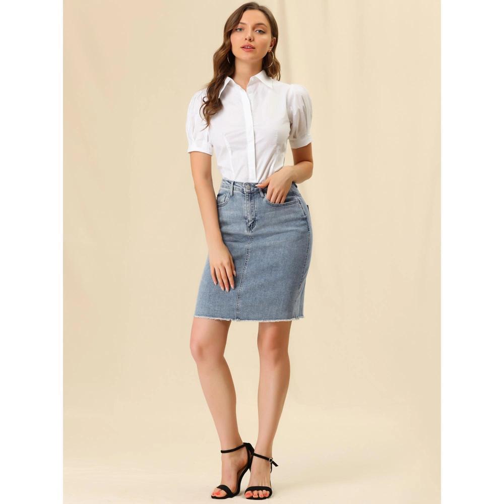 INSPIRE CHIC Women's Basic Distressed High Waist Ripped Hem Washed Jeans Skirt Product Image