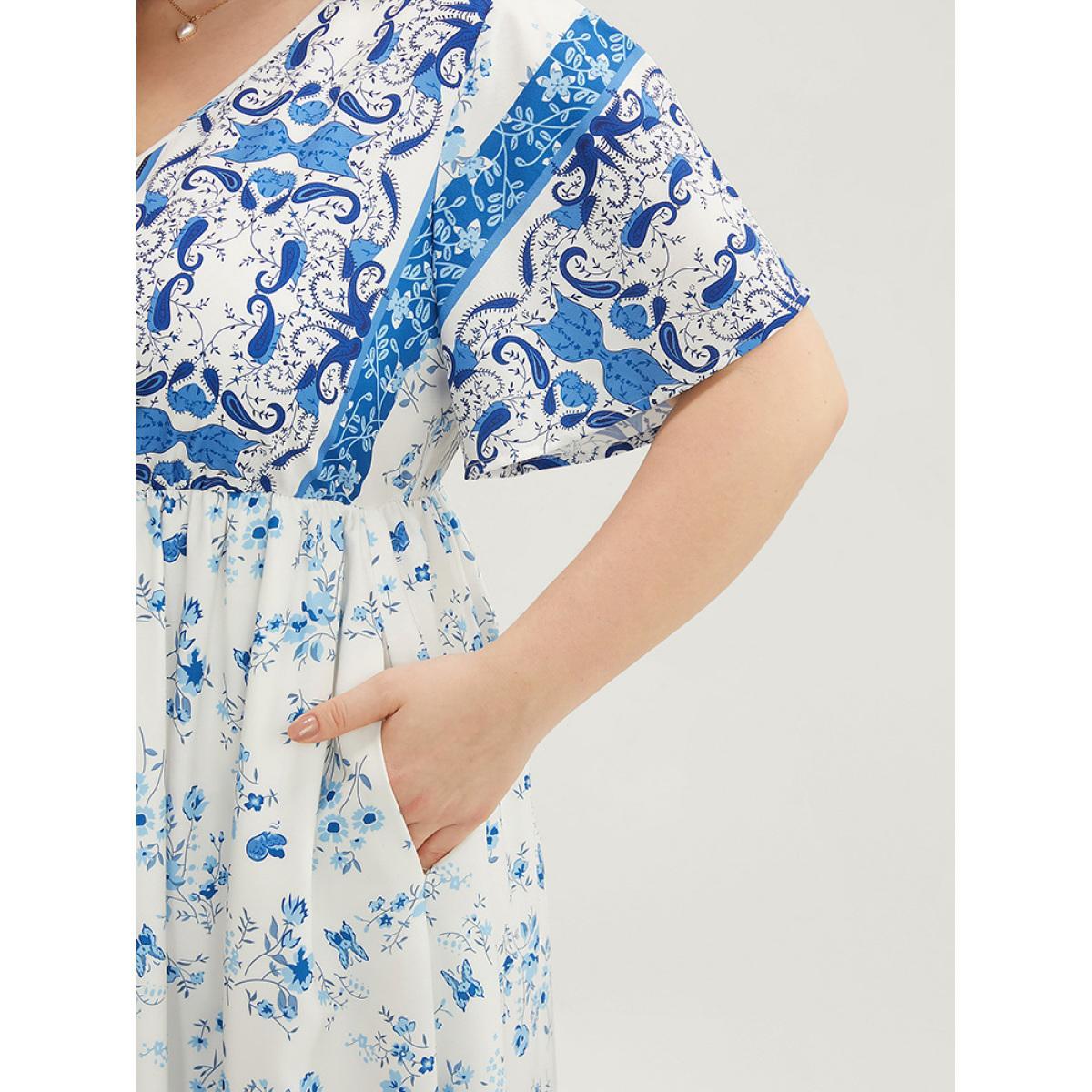 Plus Size Bandana Ruffle Sleeve Button Detail Pocket Ties Up Dress LightBlue Women Vacation Pocket V-neck Short sleeve Curvy Midi Dress BloomChic 14-16/1X Product Image