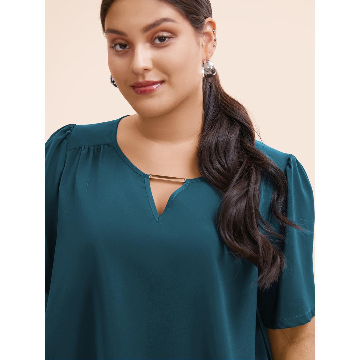 Plus Size Cyan Anti-Wrinkle Plain Metal Detail Keyhole Neck Blouse Women Office Short sleeve V-neck Work Blouses BloomChic 18-20/2X Product Image