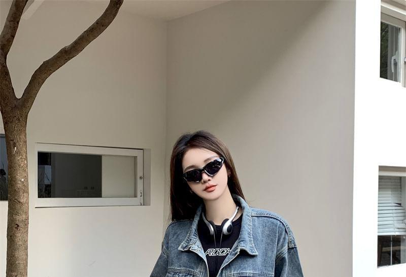 Collared Washed Denim Button Up Jacket Product Image