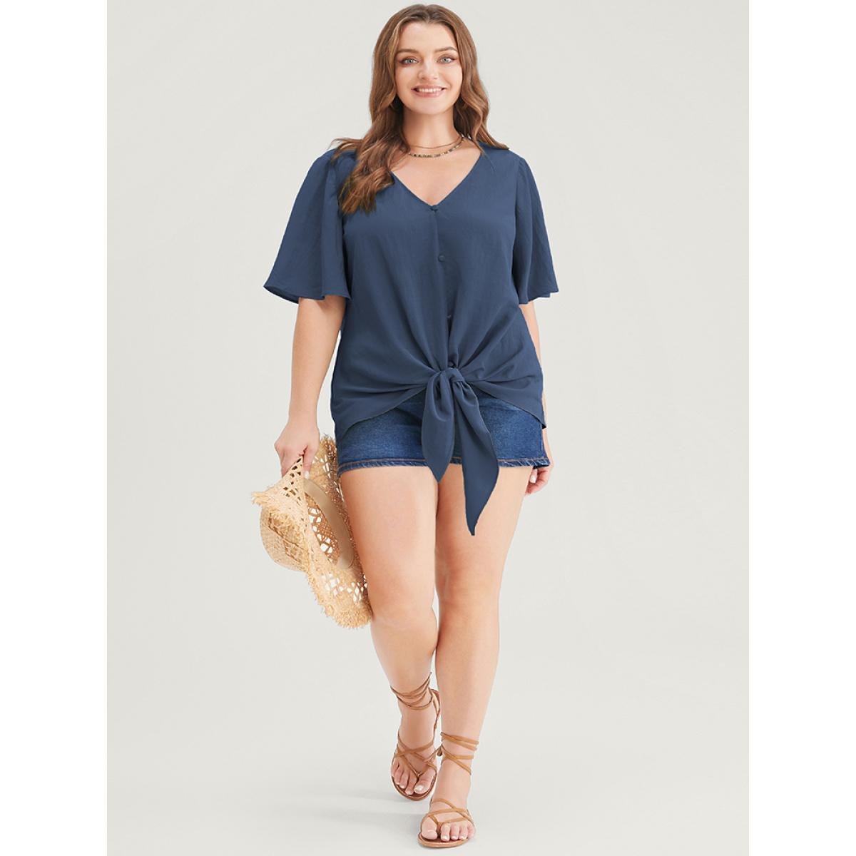 Plus Size Indigo Plain Ruffle Sleeve Knot Front Button Detail Blouse Women Casual Short sleeve V-neck Dailywear Blouses BloomChic 28/5X Product Image