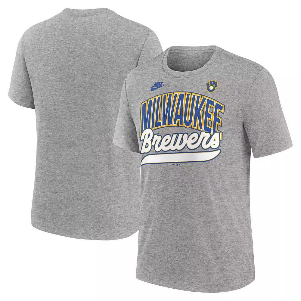 Men's Nike Heather Gray Milwaukee Brewers Cooperstown Collection Retro Tri-Blend T-Shirt, Size: Small, Grey Product Image