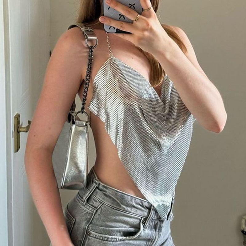 Halter-Neck Chain Strap Glitter Asymmetric-Hem Cami Top Product Image