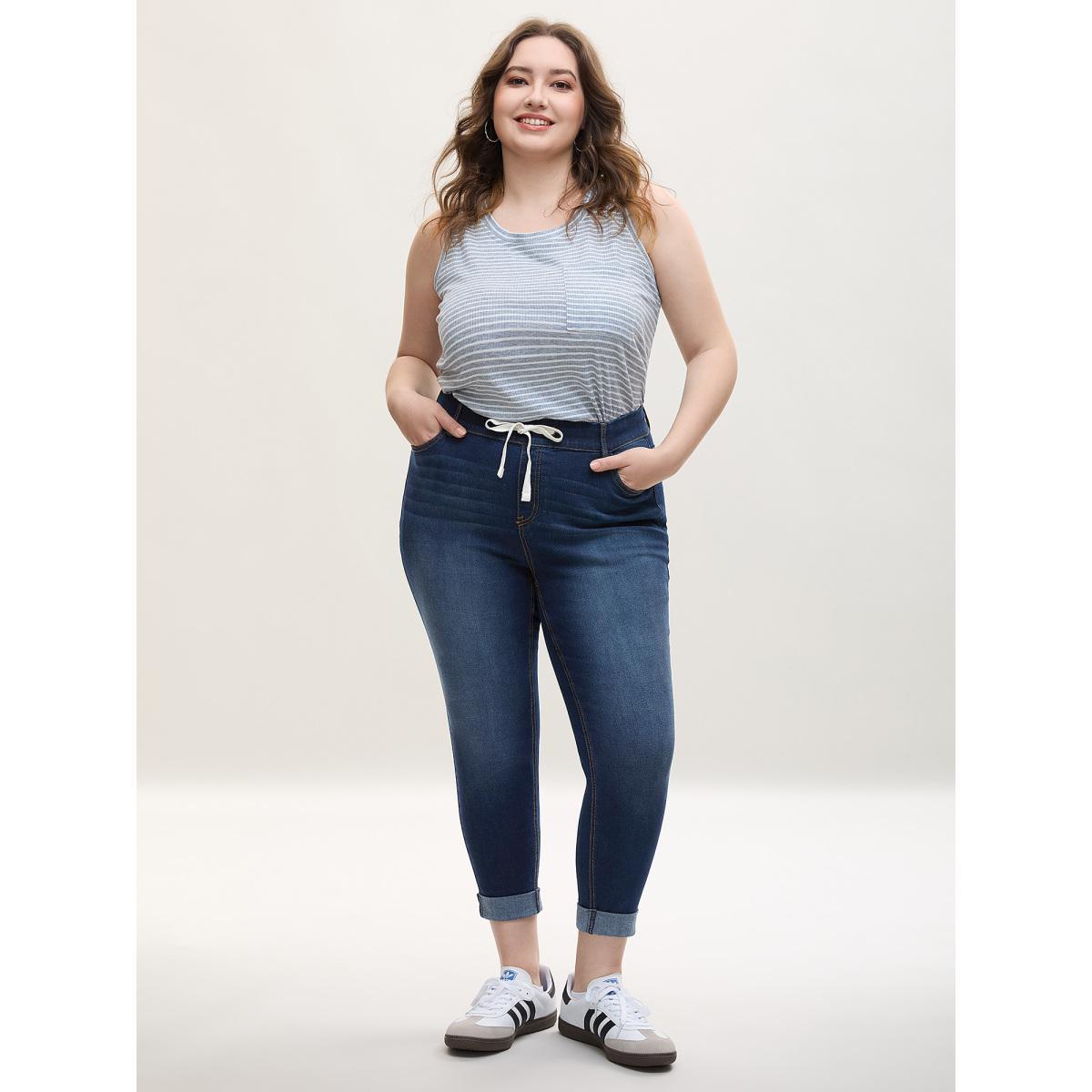 Plus Size Rolled Hem Cropped Skinny-Fit Jeans Women Denimindigo Work From Home Medium stretch Slanted pocket Jeans BloomChic 16/1X Product Image