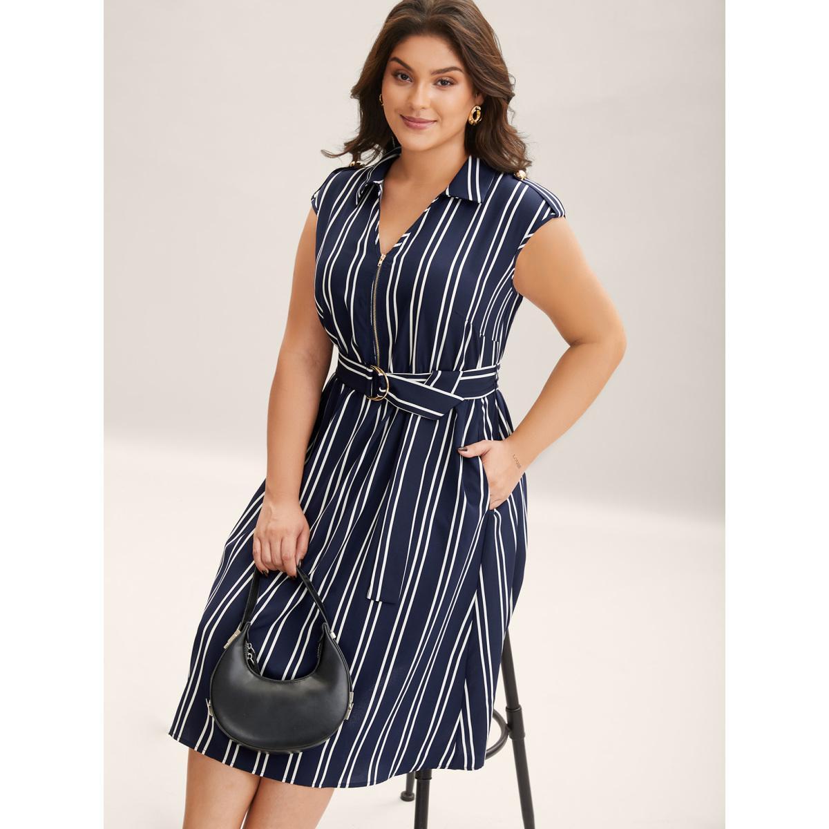 Plus Size Stripe Print Zipper Belted Midi Dress Navy Women Shirt collar Sleeveless Curvy BloomChic 10/M Product Image