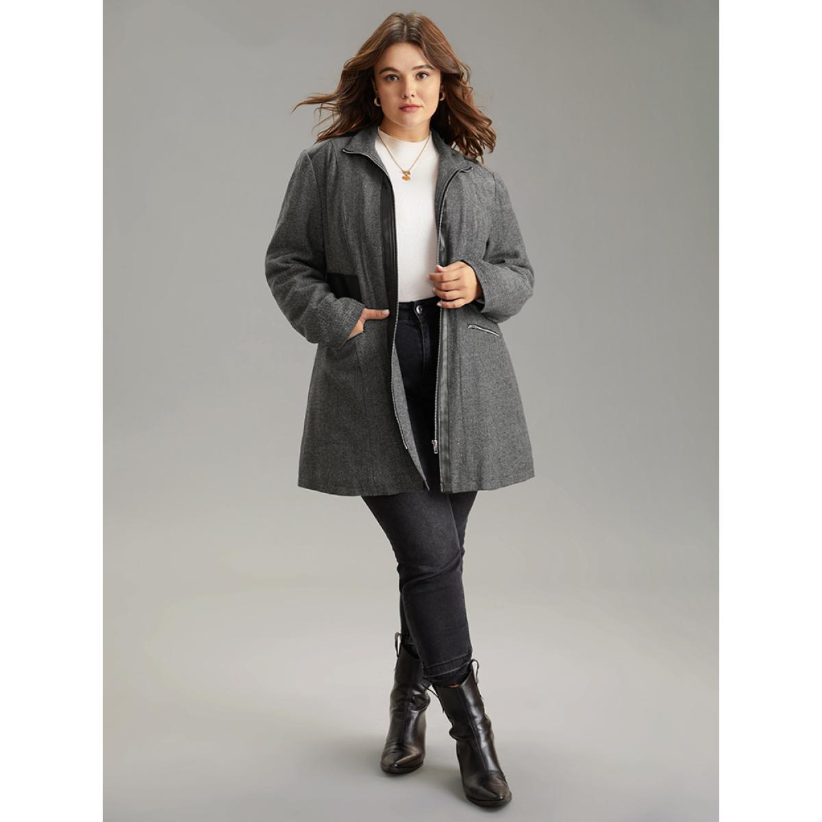 Plus Size Padded Patchwork PU Leather Zipper Coat Women Black Casual Texture Ladies Dailywear Winter Coats BloomChic 22-24/3X Product Image