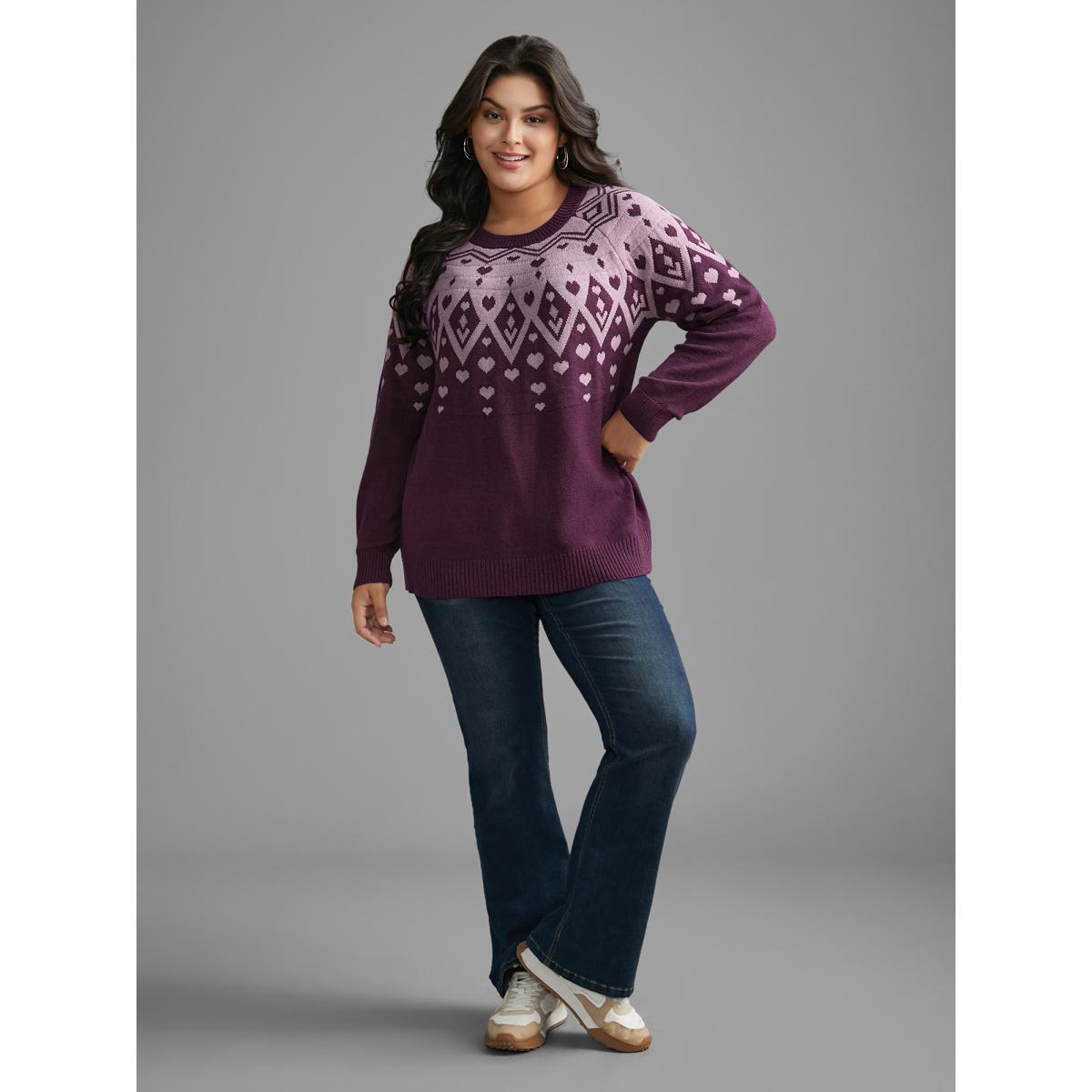 Plus Size Heart Round Neck Raglan Sleeve Pullover Lilac Women Casual Loose Long Sleeve Round Neck Everyday Pullovers BloomChic 26/4X Product Image