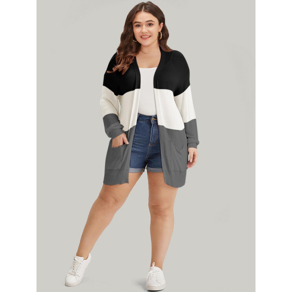 Plus Size Colorblock Pocket Drop Shoulder Elastic Cuffs Contrast Cardigan Black Women Casual Loose Long Sleeve Dailywear Cardigans BloomChic 10/M Product Image
