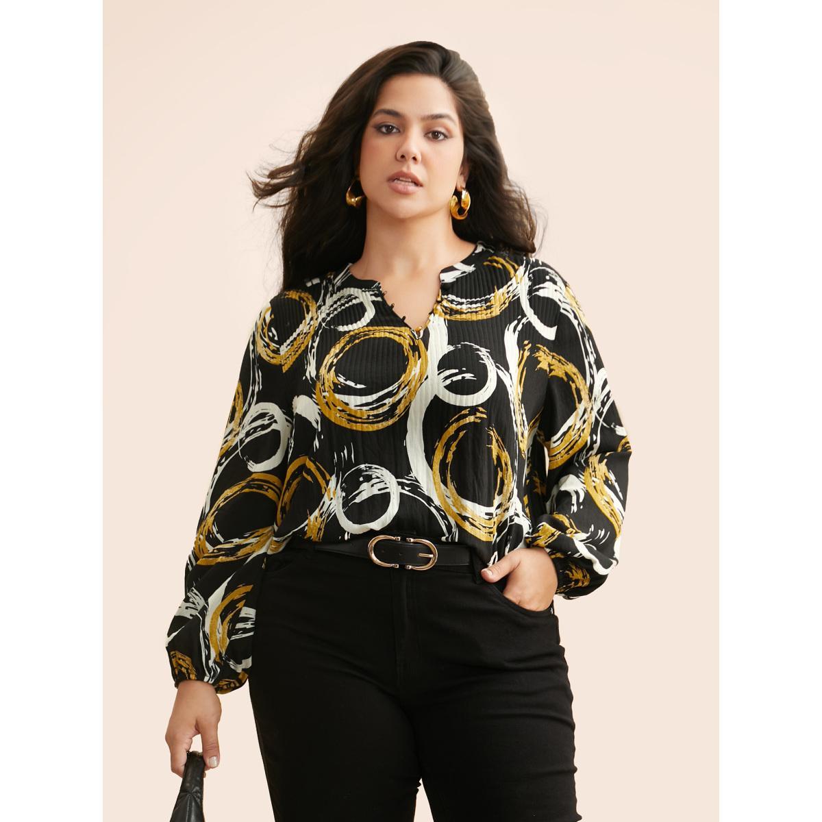 Plus Size BlackFlower Brush Print Pleated Lantern Sleeve Blouse Women At the Office Long Sleeve V-neck Work Blouses BloomChic 18-20/2X Product Image