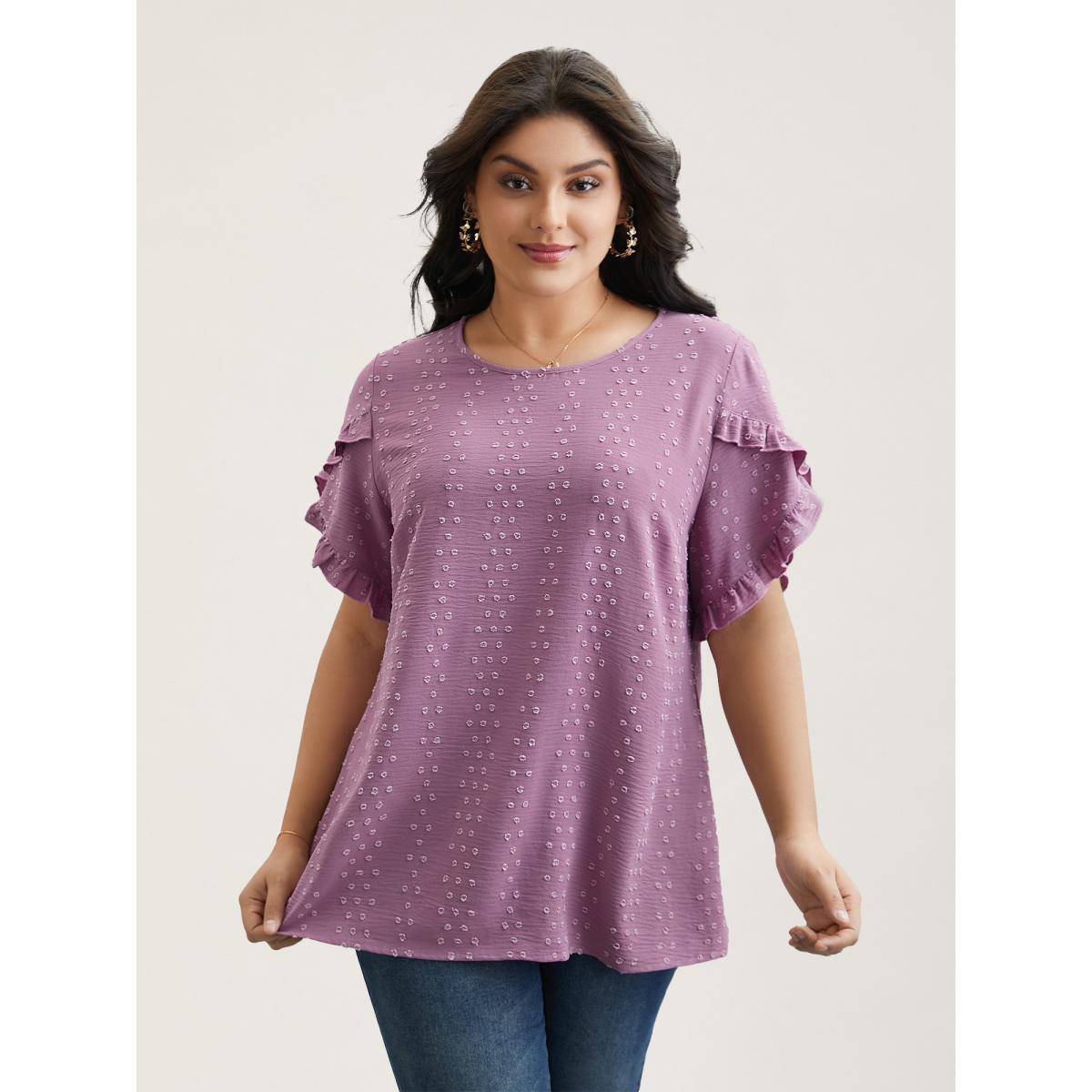 Plus Size Mauve Textured Round Neck Ruffled Sleeve Shirt Women Elegant Short sleeve Round Neck Everyday Blouses BloomChic 10/M Product Image