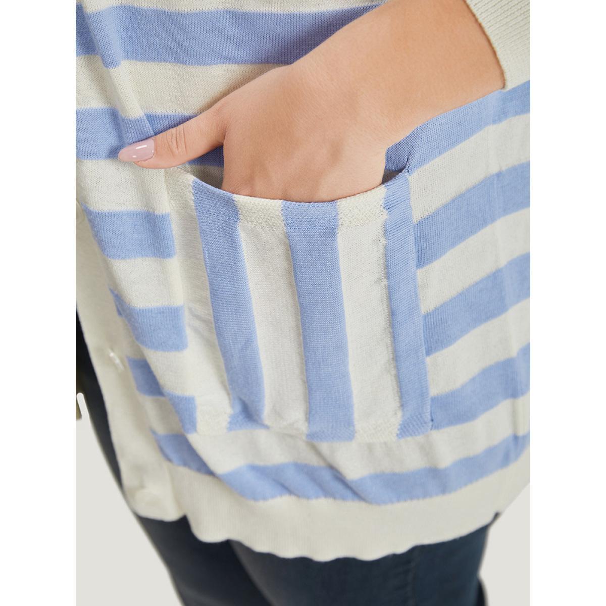 Plus Size Striped Button Down Patched Pocket Cardigan LightBlue Women Casual Loose Long Sleeve Everyday Cardigans BloomChic 12/L Product Image