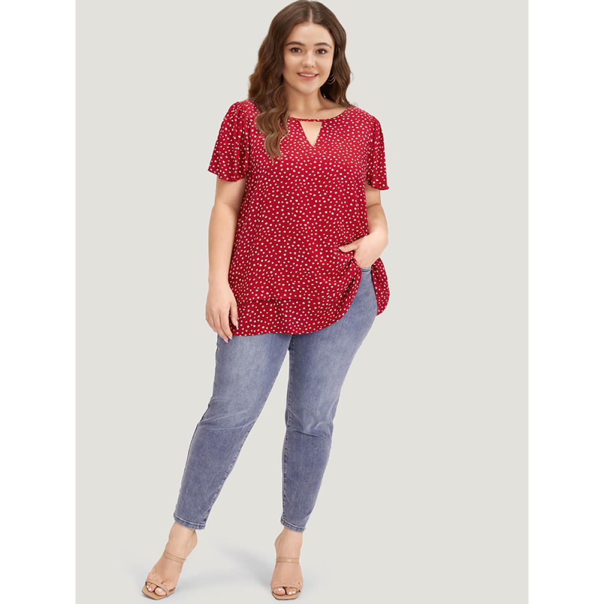 Plus Size Scarlet Polka Dot Keyhole Flutter Sleeve Layered Hem Blouse Women Elegant Short sleeve Keyhole Cut-Out Dailywear Blouses BloomChic 22-24/3X Product Image