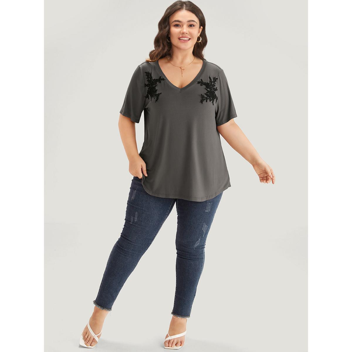 Plus Size Supersoft Essentials Floral V Neck Short Sleeve T-shirt DimGray Women Elegant Embroidered Silhouette Floral Print V-neck Dailywear T-shirts BloomChic 12/L Product Image