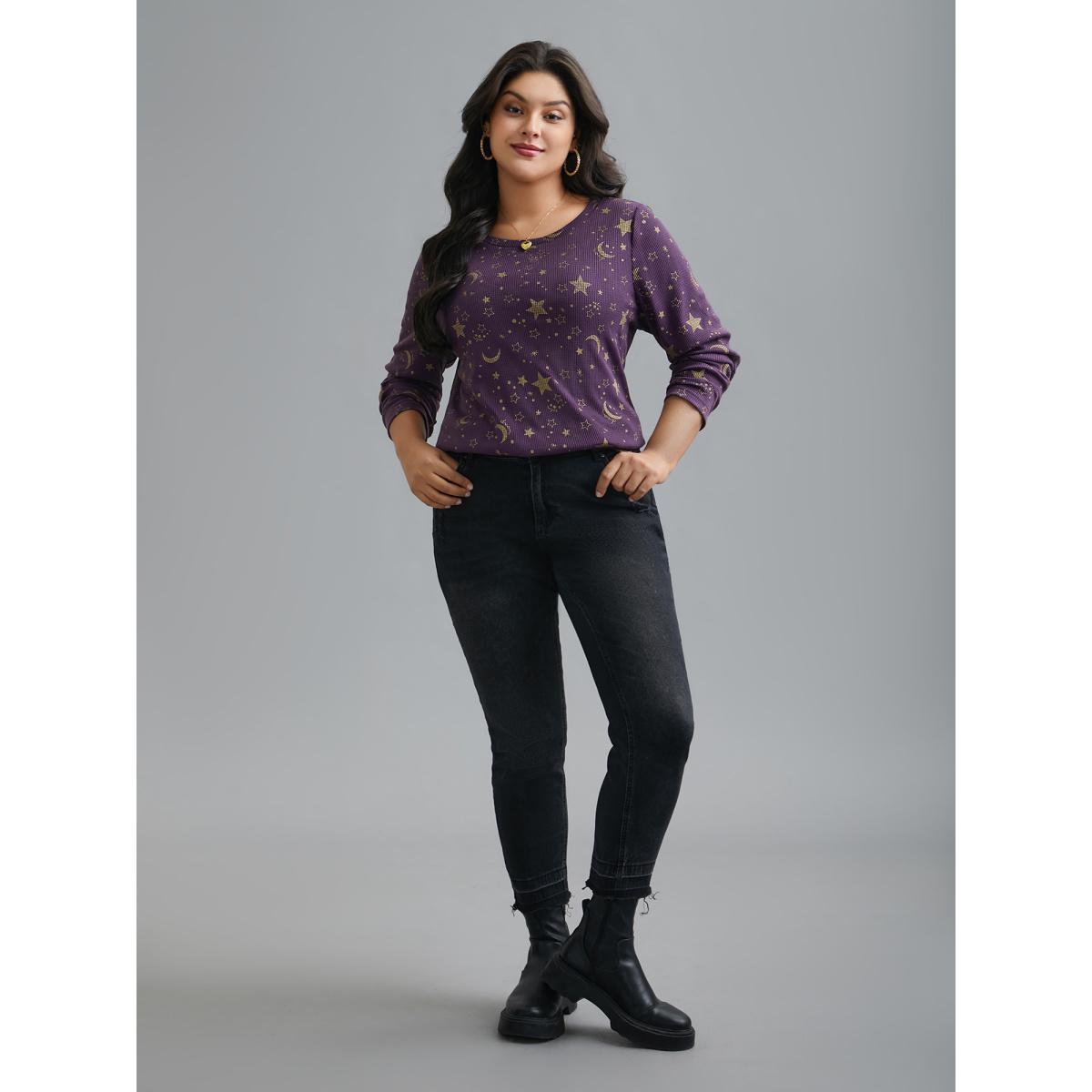 Plus Size Moon and Star Glitter Textured T-Shirt Deeppurple Women Casual Texture Star and moon Round Neck Everyday T-shirts BloomChic 12/L Product Image