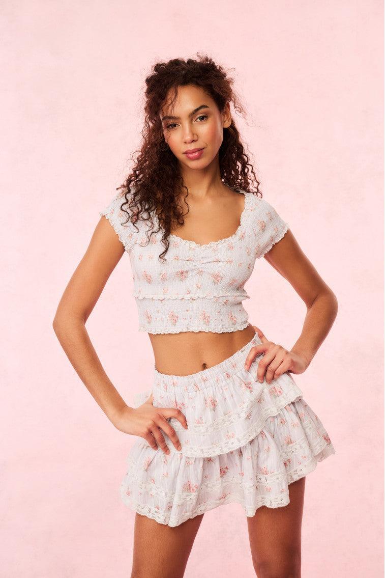 Ruffle Mini Blue Floral Skirt Product Image
