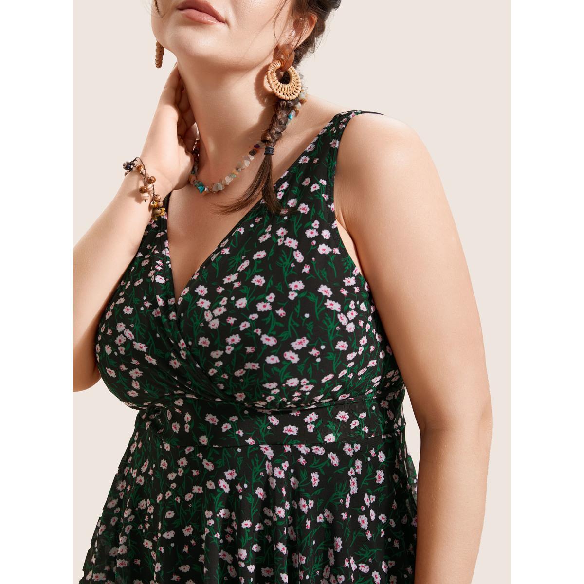 Plus Size Ditsy Floral See Through Gathered Swim Dress Women's Swimwear Black Beach Bodycon Overlap Collar High stretch Curve Swim Dresses BloomChic 12/L Product Image