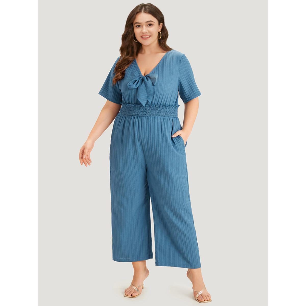 Plus Size Cerulean Textured Bowknot V Neck Shirred Pocket Jumpsuit Women Elegant Half Sleeve V-neck Dailywear Loose Jumpsuits BloomChic 12/L Product Image