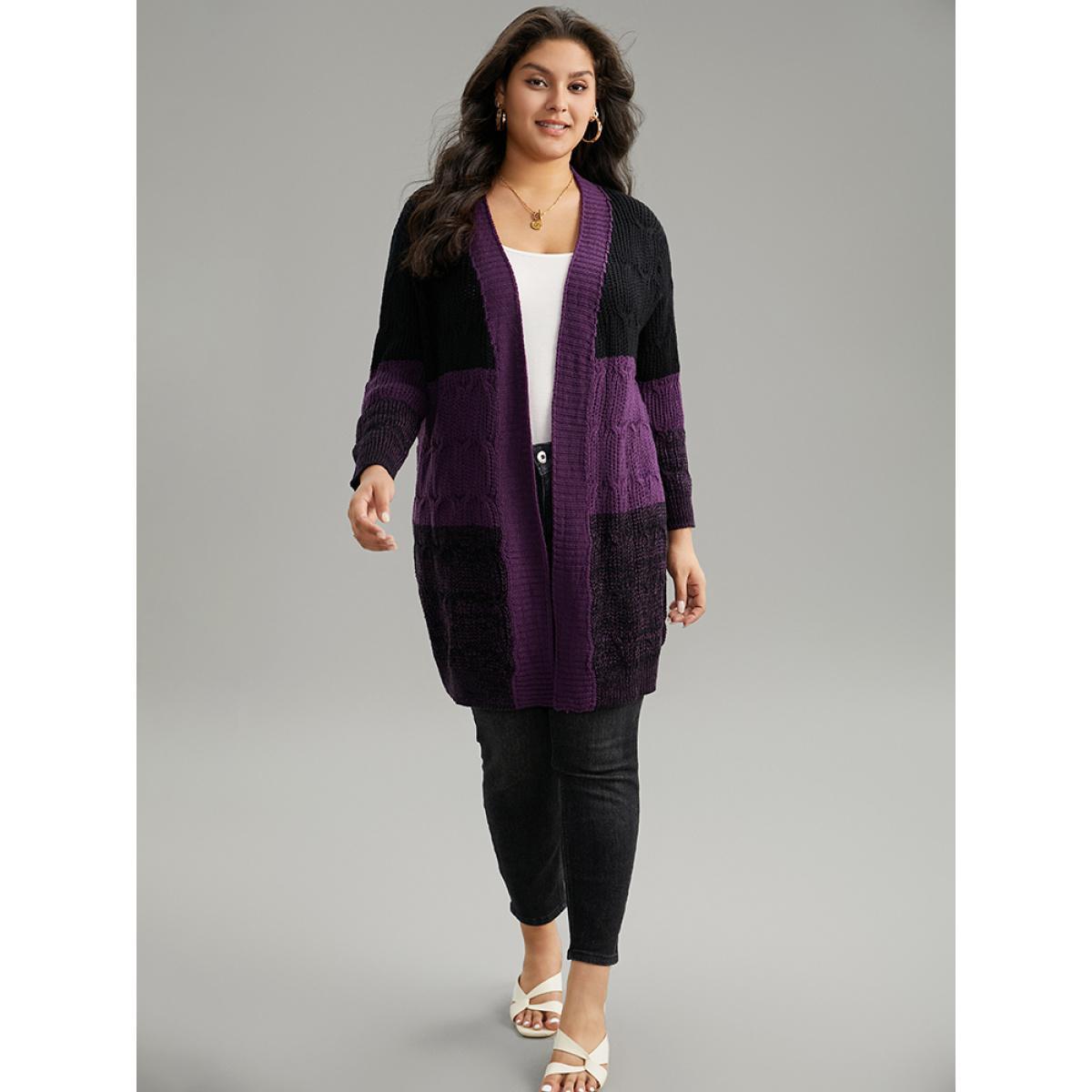 Plus Size Colorblock Heather Open Front Tunic Cardigan Purple Women Casual Loose Long Sleeve Dailywear Cardigans BloomChic 12/L Product Image
