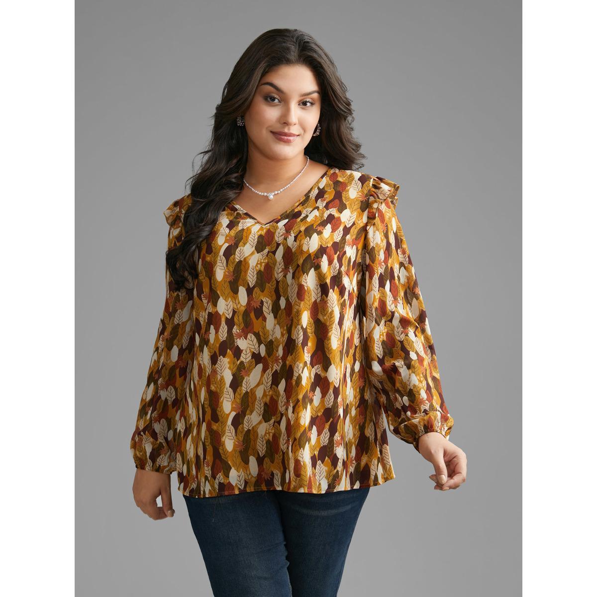 Plus Size Multicolor Leaves Print Ruffle Trim Slit Hem Blouse Women Elegant Long Sleeve V-neck Everyday Blouses BloomChic 10/M Product Image