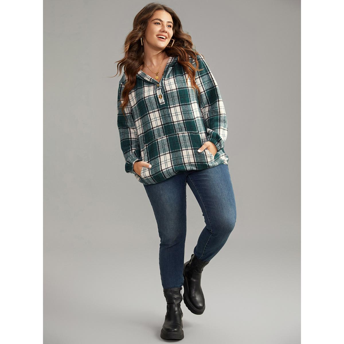 Plus Size Plaid Button Up Hooded Pocket Sweatshirt Women Green Casual Elastic cuffs Hooded Dailywear Sweatshirts BloomChic 10/M Product Image
