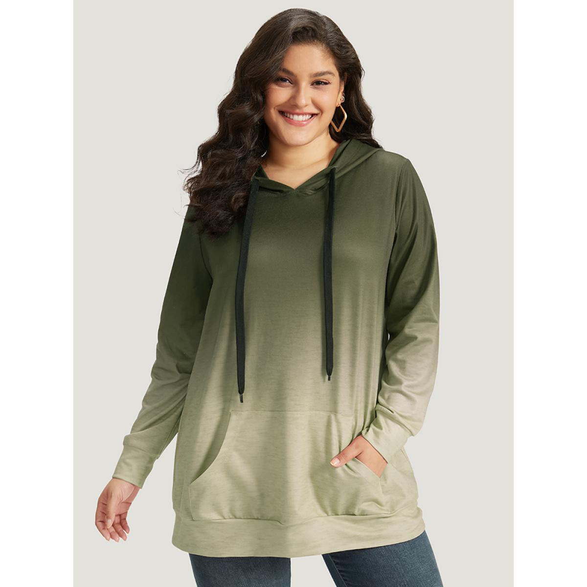 Plus Size Ombre Pocket Drawstring Hooded Sweatshirt Women Sage Casual Elastic cuffs Hooded Everyday Sweatshirts BloomChic 18-20/2X Product Image