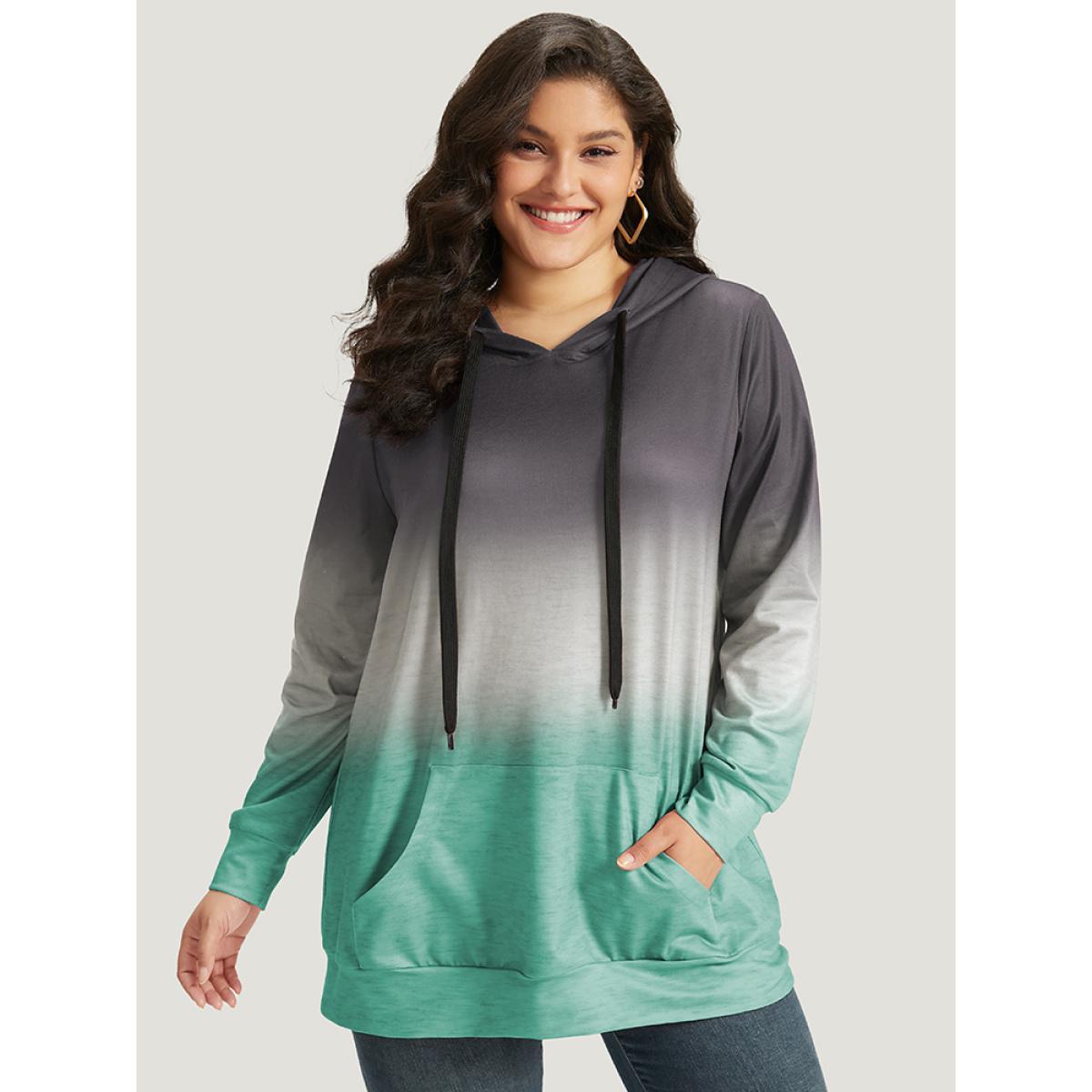 Plus Size Ombre Pocket Drawstring Hooded Sweatshirt Women Gray Casual Elastic cuffs Hooded Everyday Sweatshirts BloomChic 10/M Product Image