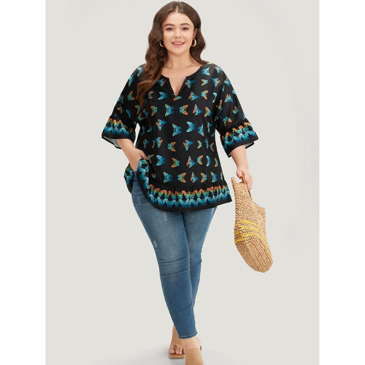 Plus Size BlackFlower Butterfly Notched Bell Sleeve Gathered Blouse Women Vacation Elbow-length sleeve Notched collar Dailywear Blouses BloomChic 14-16/1X Product Image