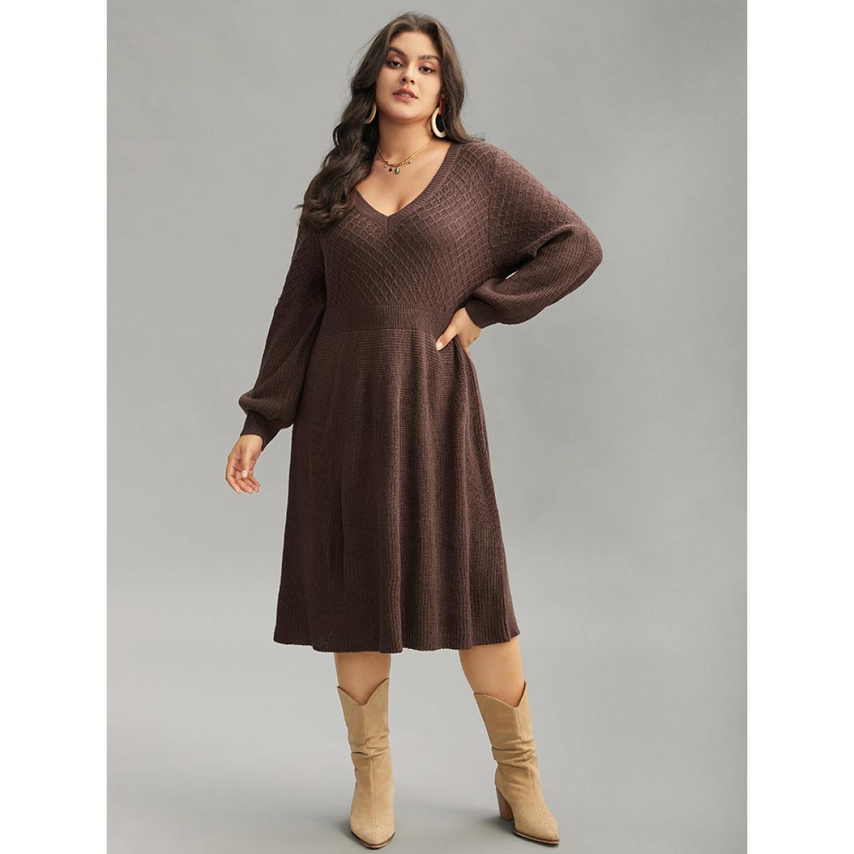 Plus Size A Line Waistline Inside Lantern Sleeve Sweater Dress DarkBrown Women Casual Loose Long Sleeve Dailywear Sweater Dresses BloomChic 12/L Product Image