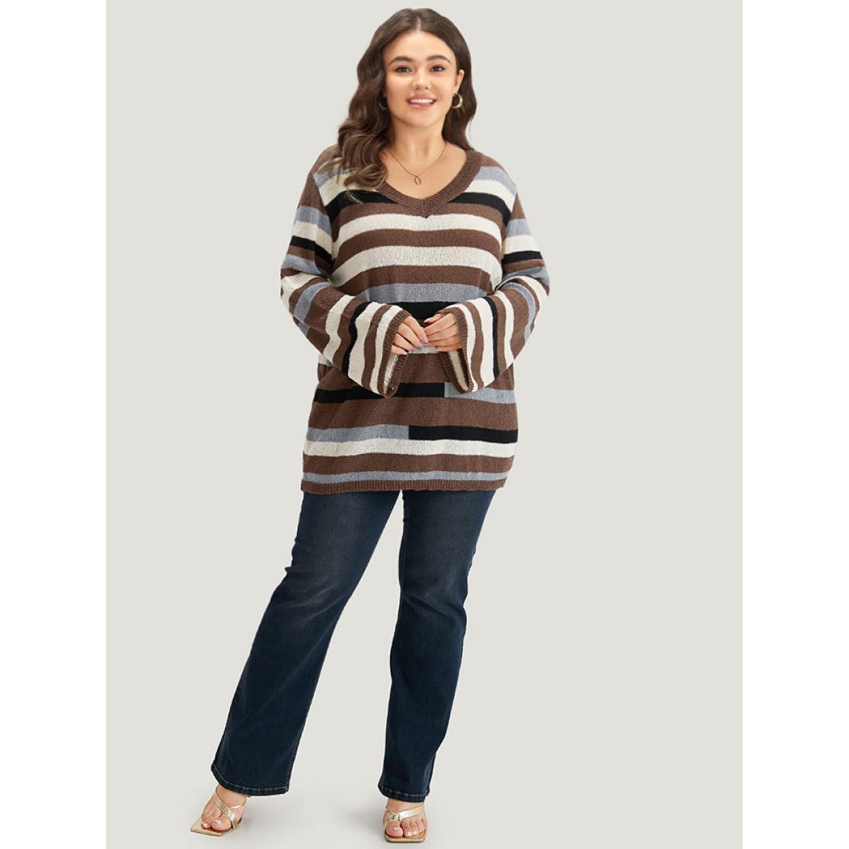 Plus Size Striped Colorblock Contrast V Neck Pullover Multicolor Women Casual Long Sleeve V-neck Dailywear Pullovers BloomChic 26/4X Product Image