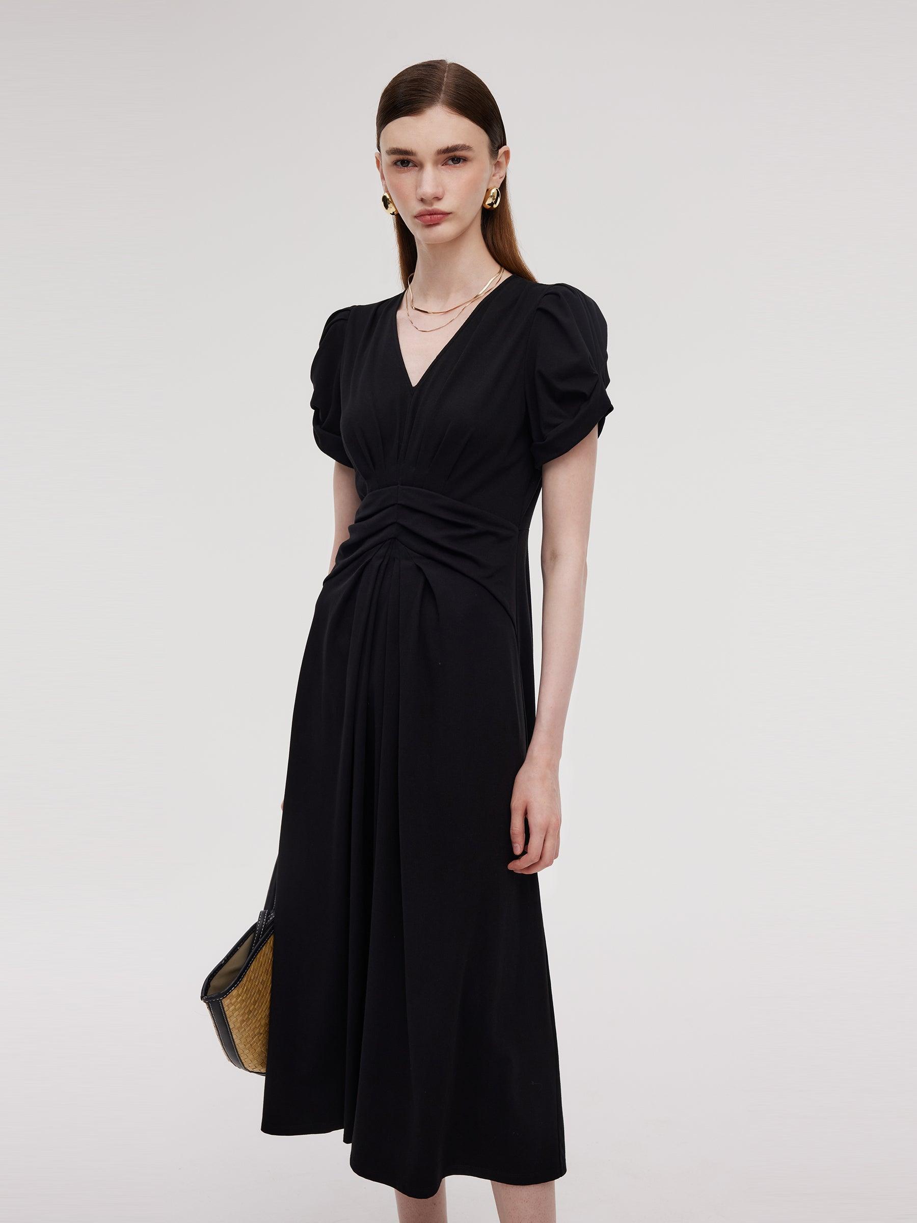 Pleated V-Neck Women Knit Maxi Dress Product Image