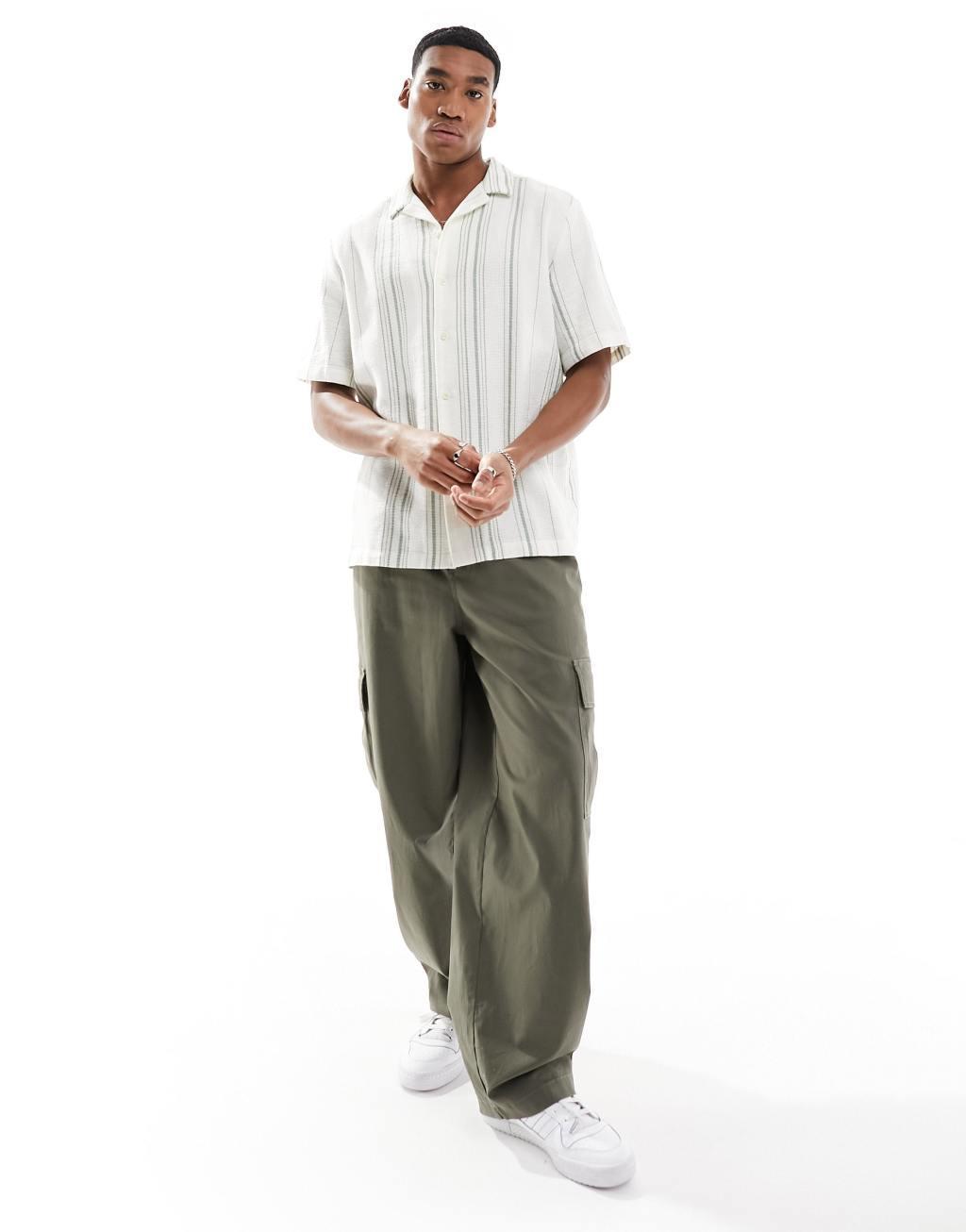 ASOS DESIGN relaxed camp collar shirt in basketweave stripe in green and white Product Image