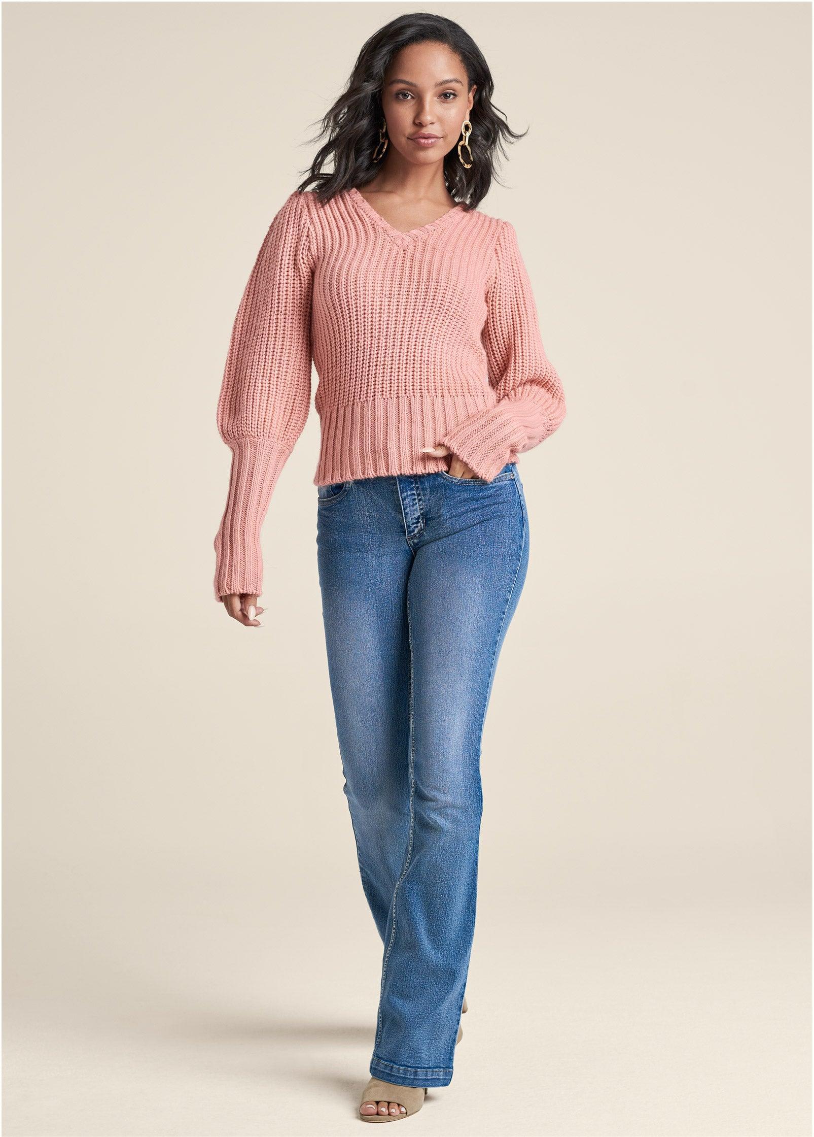 Puff Sleeve Ribbed V Neck Sweater - Dusty Pink Product Image