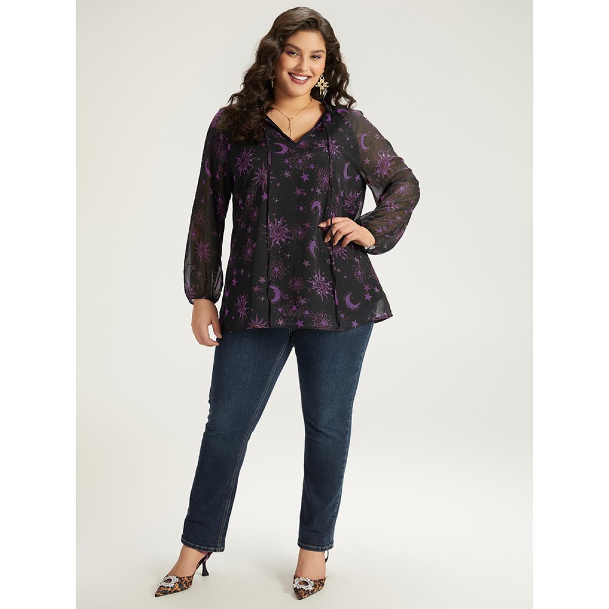 Plus Size Purple Halloween Moon & Star Print Tie Neck Mesh Lantern Sleeve Blouse Women Elegant Long Sleeve Tie Neck Festival-Halloween Blouses BloomChic 14-16/1X Product Image