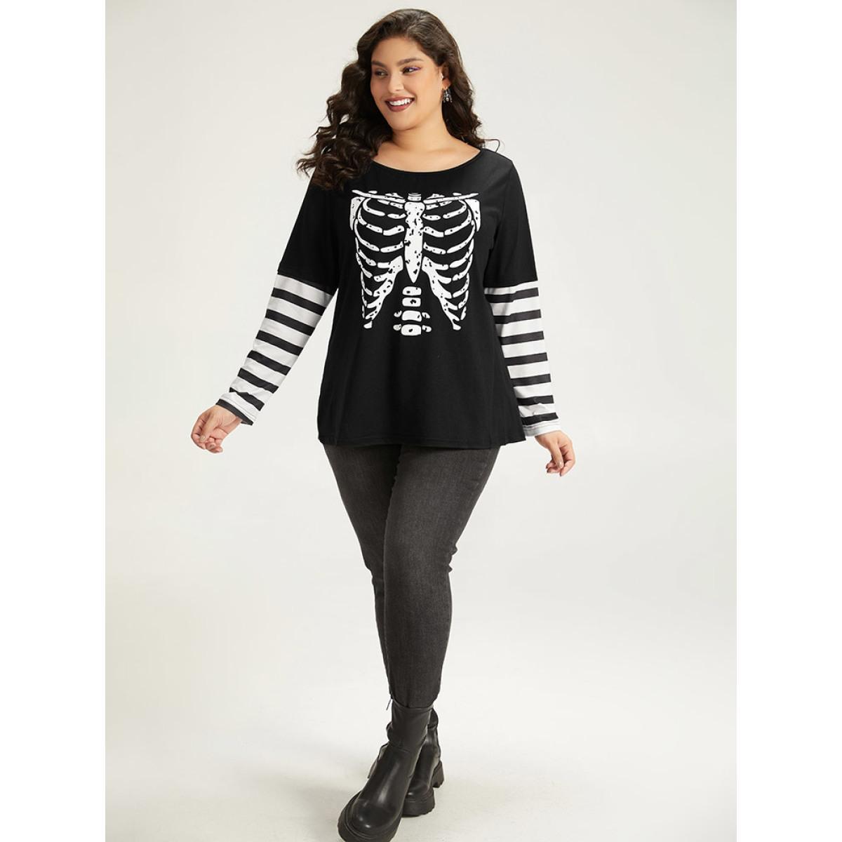 Plus Size Halloween Striped & Skull Print Patchwork T-shirt Black Women Casual Printed Halloween Festival-Halloween T-shirts BloomChic 22-24/3X Product Image