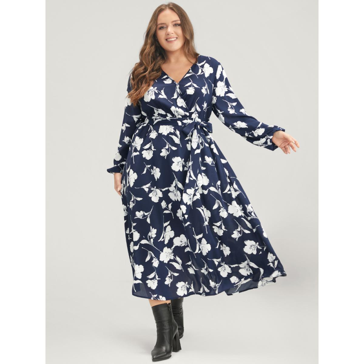 Plus Size Floral Pocket Surplice Neck Belted Midi Dress DarkBlue Women Casual Belted V-neck Long Sleeve Curvy Midi Dress BloomChic 26/4X Product Image