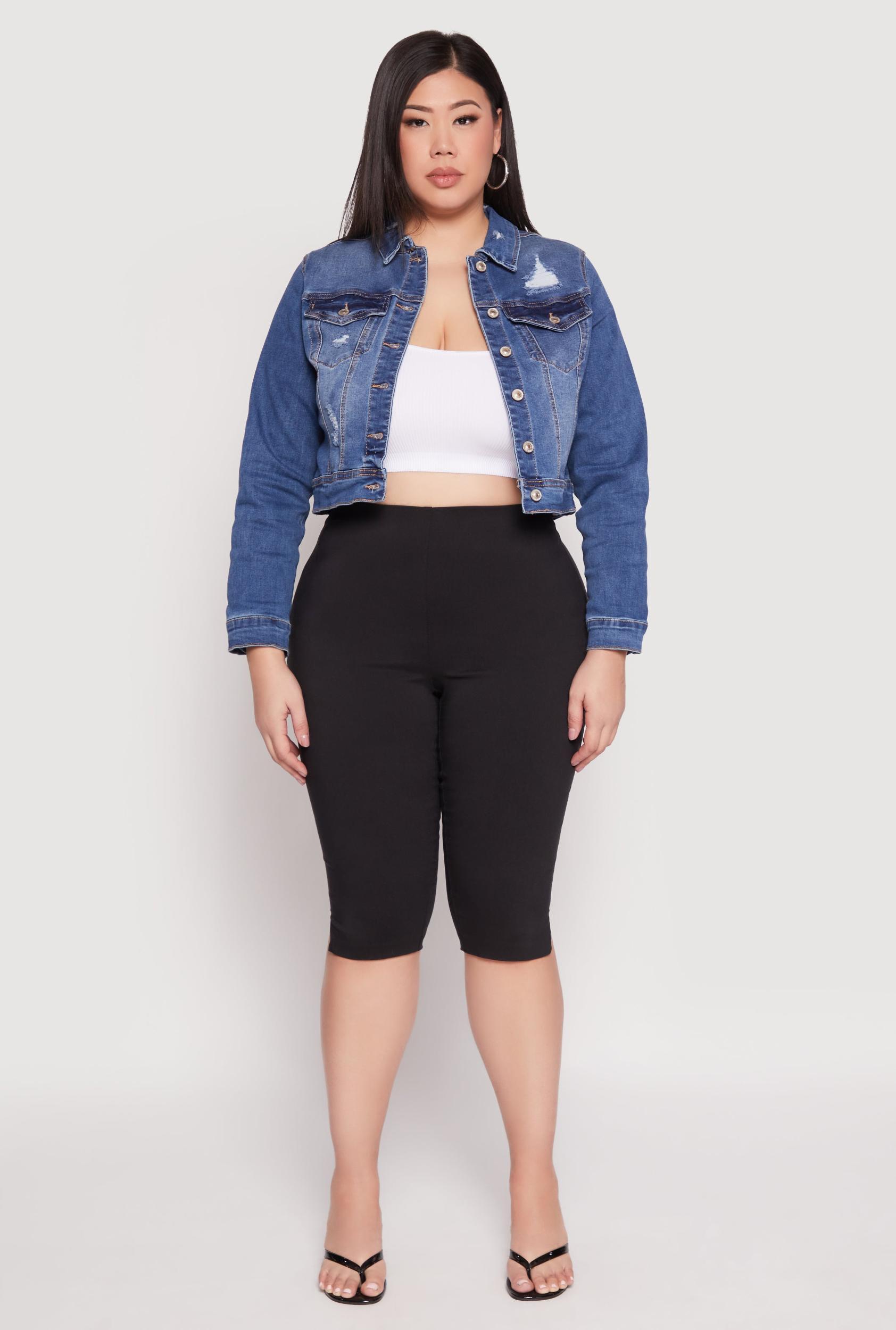 Womens Plus Size WAX Distressed Cropped Jean Jacket Product Image