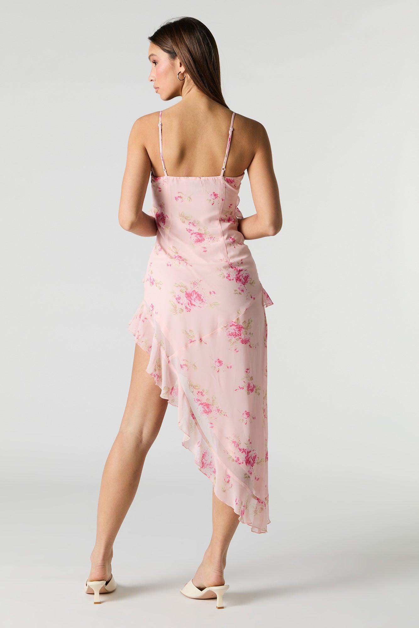 Floral Chiffon Ruffle Asymmetrical Midi Dress Female Product Image