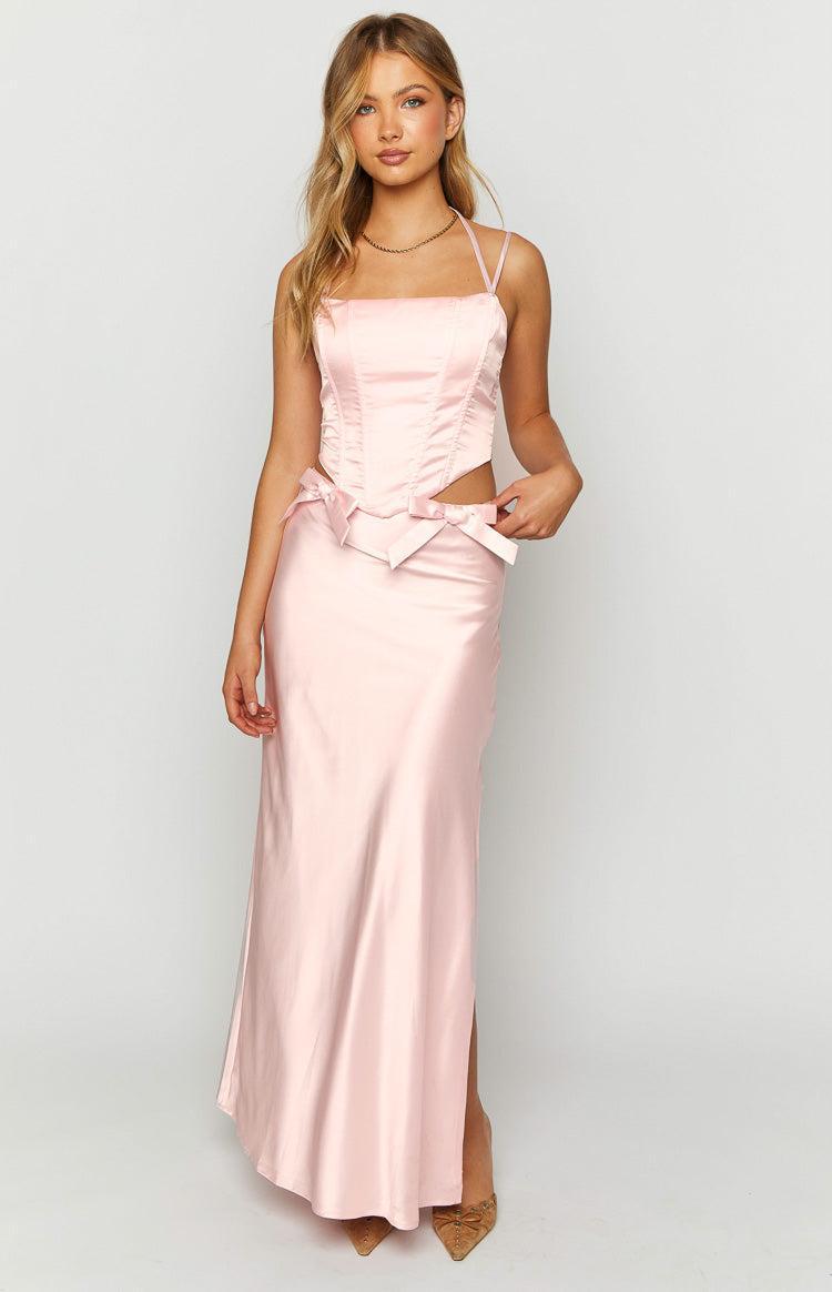 Azriel Pink Satin Bow Maxi Skirt Product Image