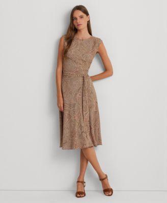 Lauren Ralph Lauren Paisley Belted Bubble Crepe Dress Cream/Pink) Women's Dress Product Image