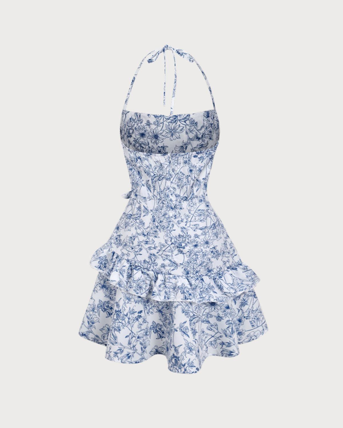 Blue Floral Tiered Halter Mini Dress Product Image