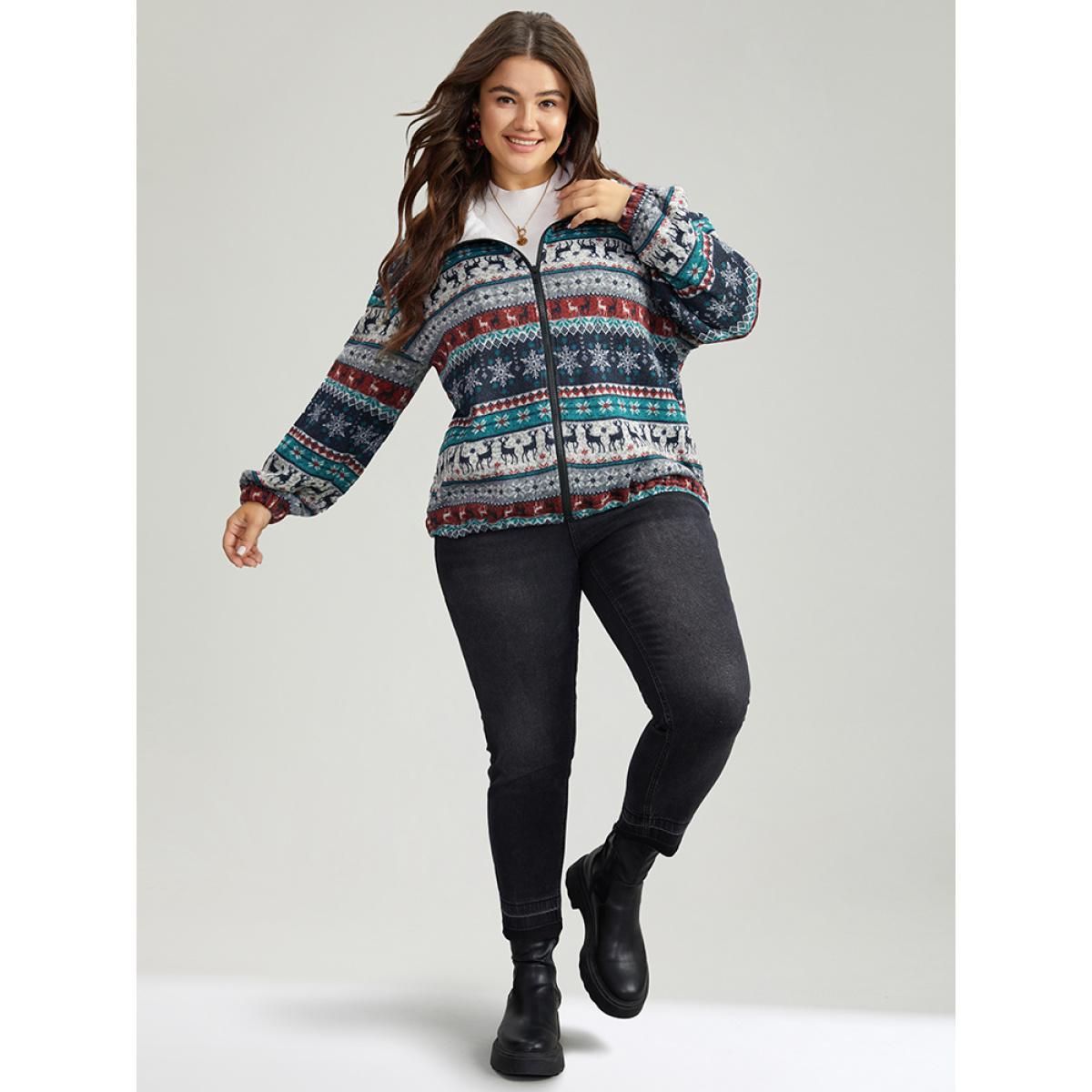 Plus Size Patchwork Contrast Drawstring Zipper Jacket Women Multicolor Elastic cuffs Dailywear Jackets BloomChic 10/M Product Image