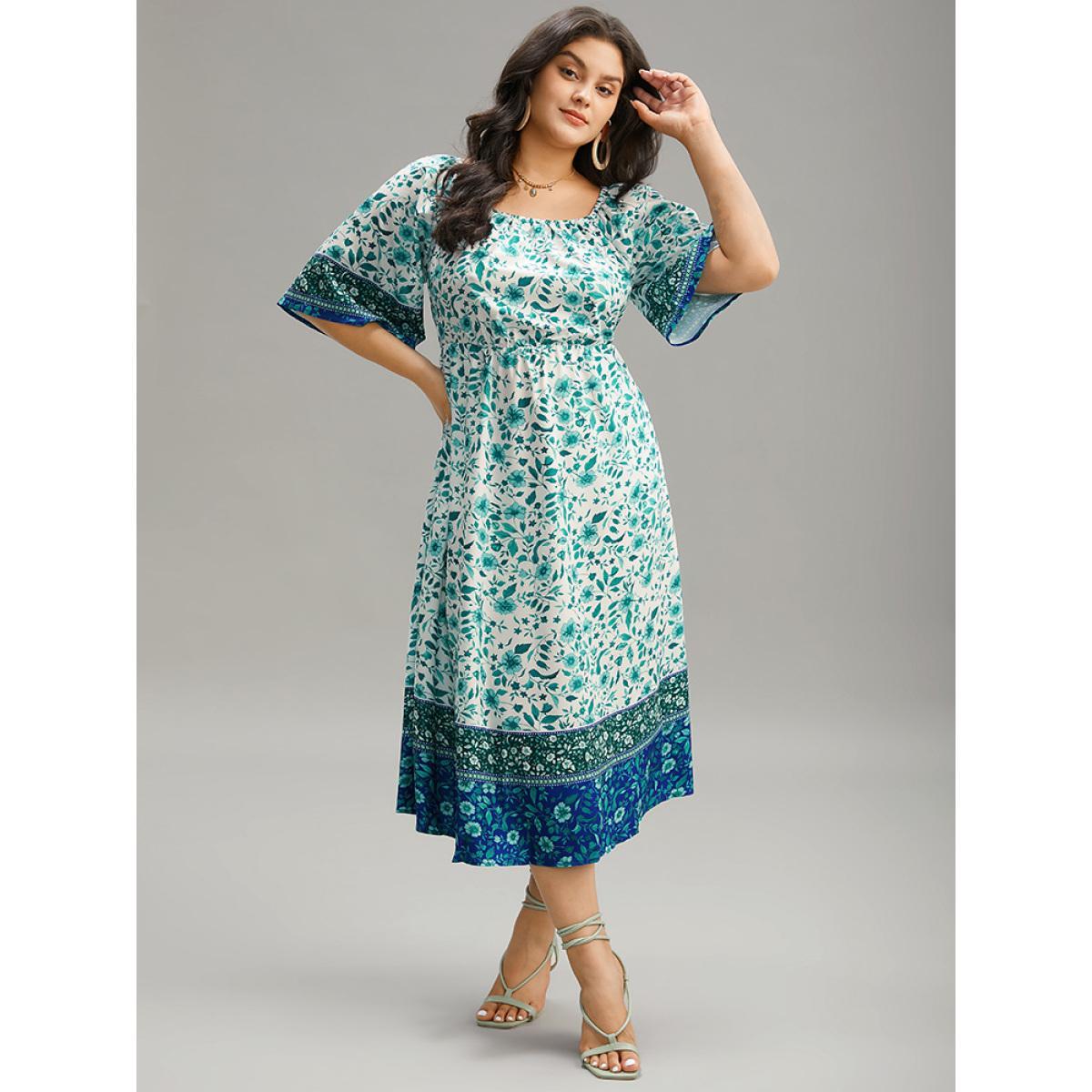 Plus Size Floral Print Patchwork Square Neck Raglan Sleeve Dress Emerald Women Vacation Gathered Square Neck Half Sleeve Curvy Midi Dress BloomChic 12/L Product Image