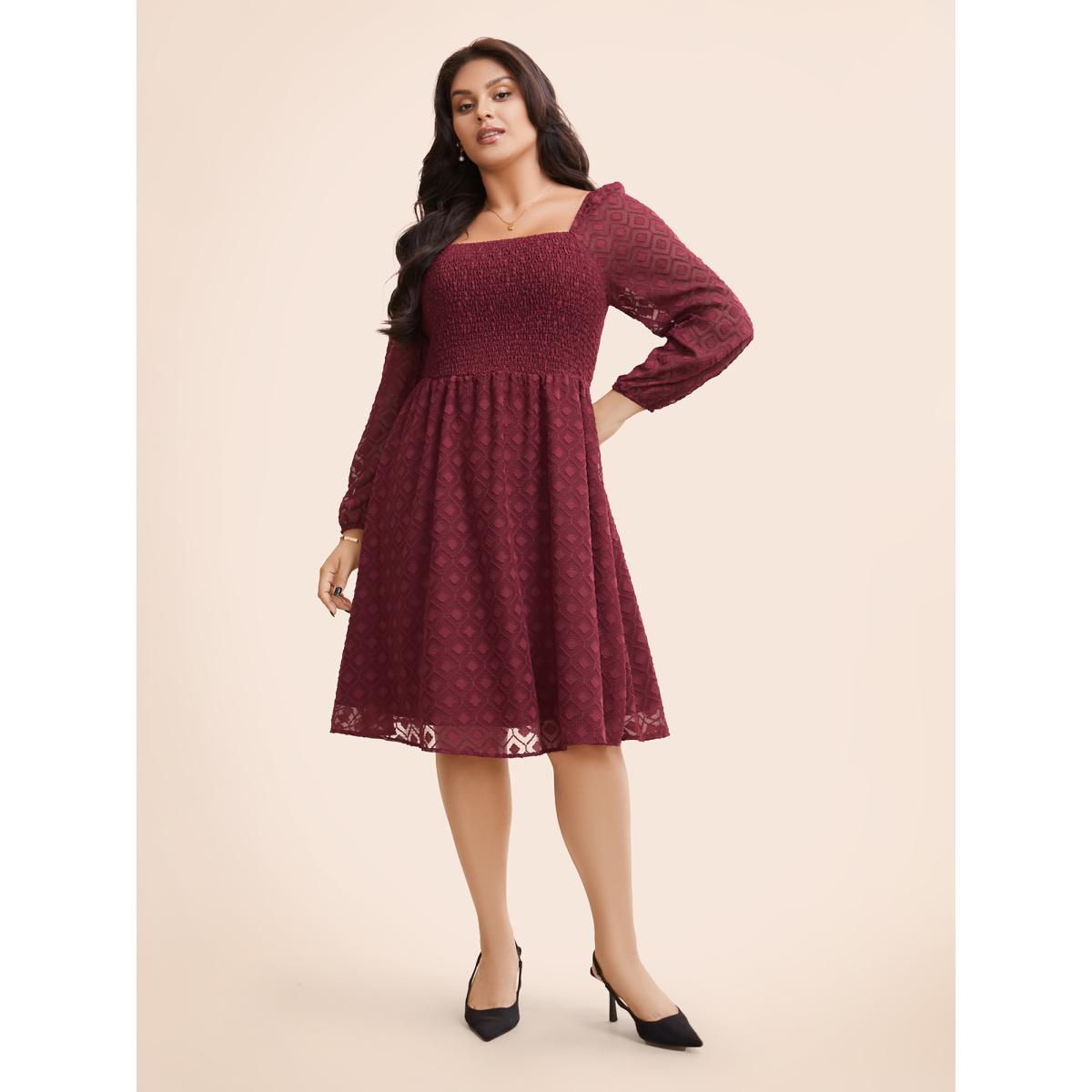 Plus Size Square Neck Textured Mesh Shirred Dress Burgundy Women Elegant Texture Square Neck Long Sleeve Curvy BloomChic 10/M Product Image