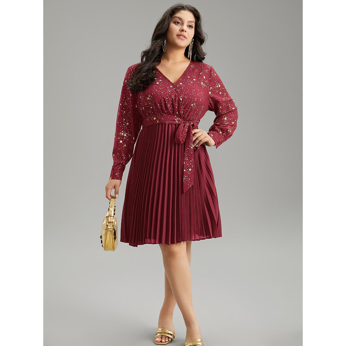 Plus Size Star Glitter Belted Pleated Wrap Dress Burgundy Women Cocktail Belted V-neck Long Sleeve Curvy Midi Dress BloomChic 26/4X Product Image
